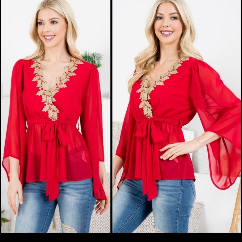 NWOT Chiffon-Like Red Wrap-style Belted Top w/ Bell Sleeves & Gold Details Sz L